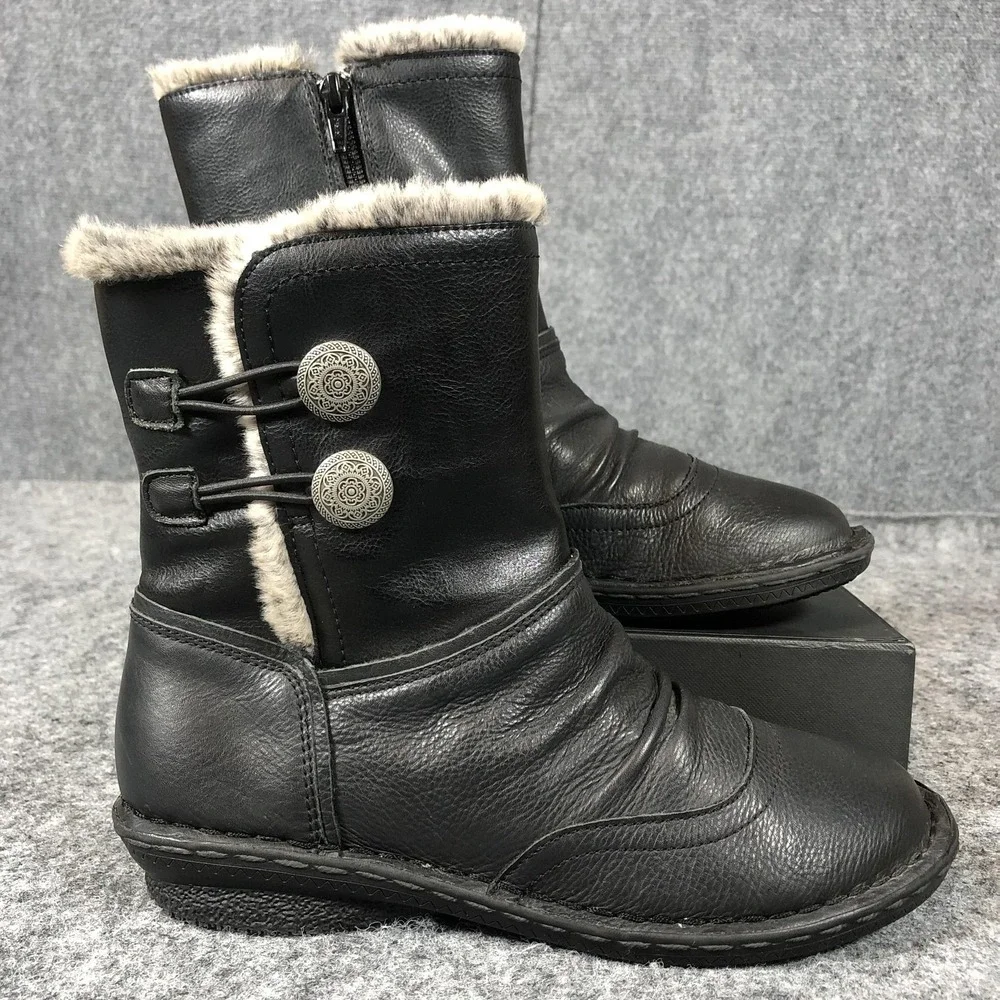 Tara M Boots Womens Size 7.5 Black Leather Ankle Faux Fur Lined Wedge Winter‎